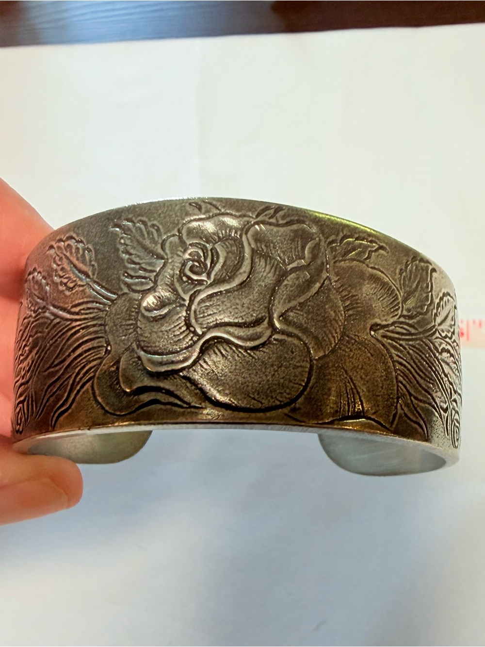 Rose-Engraved Salisbury Pewter Cuff Bracelet - Floral Statement